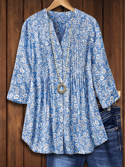 Blue Floral Print Pleated Blouse