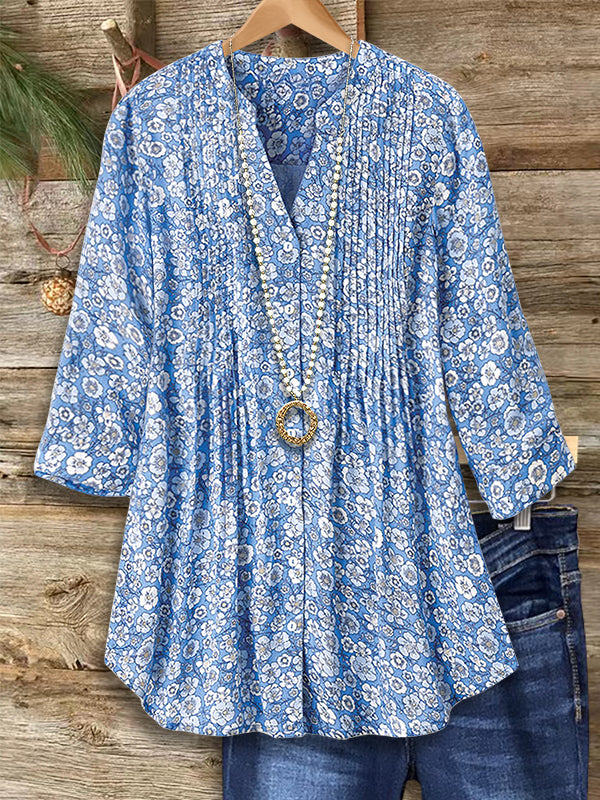 Blue Floral Print Pleated Blouse