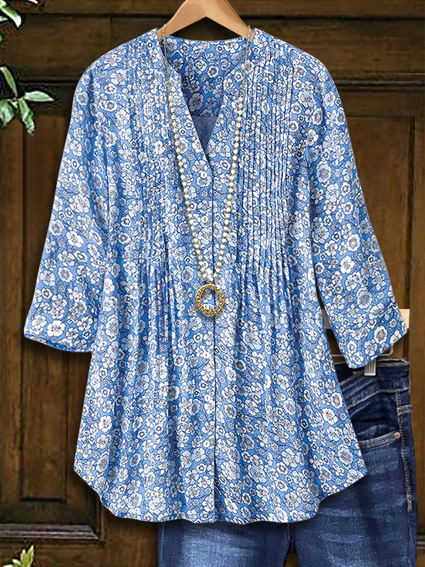 Blue Floral Print Pleated Blouse