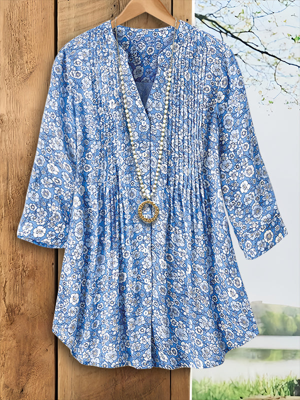 Blue Floral Print Pleated Blouse