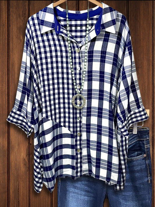 Navy Plaid Patchwork Loose Blouse