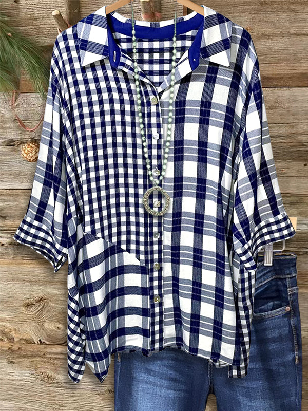 Navy Plaid Patchwork Loose Blouse