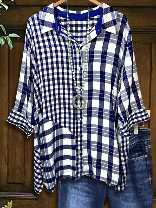 Navy Plaid Patchwork Loose Blouse