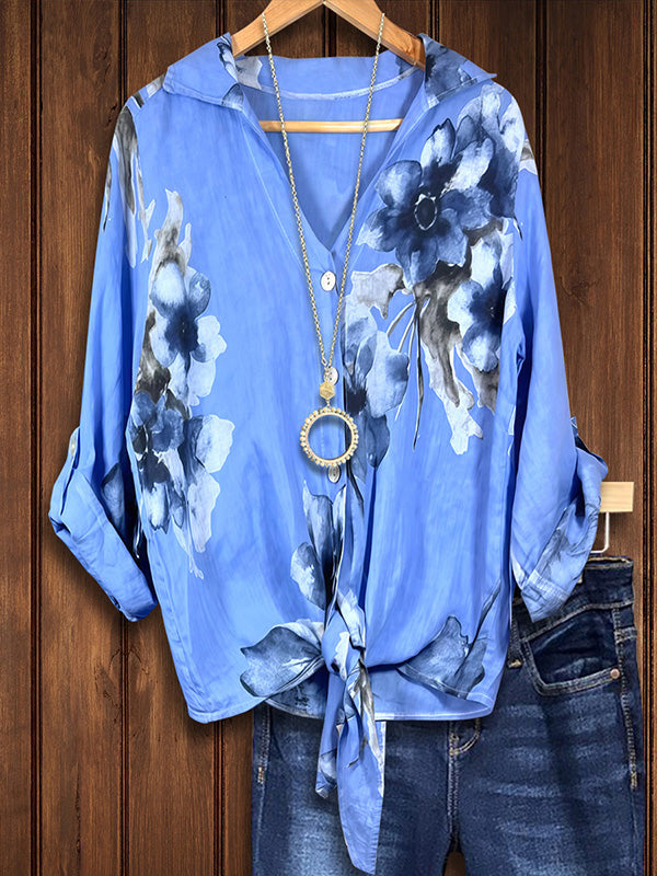 Art Floral Knotted Loose Blouse