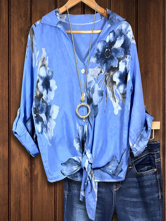 Art Floral Knotted Loose Blouse