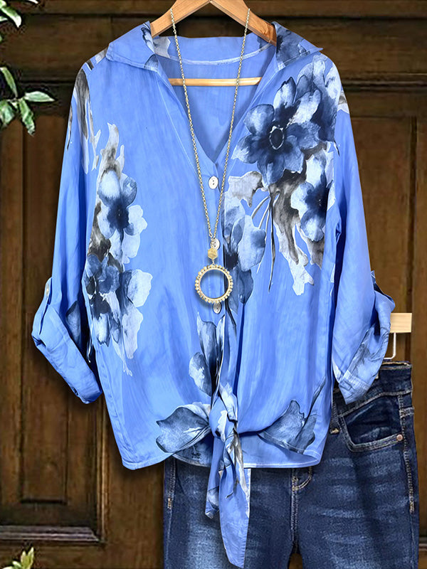 Art Floral Knotted Loose Blouse