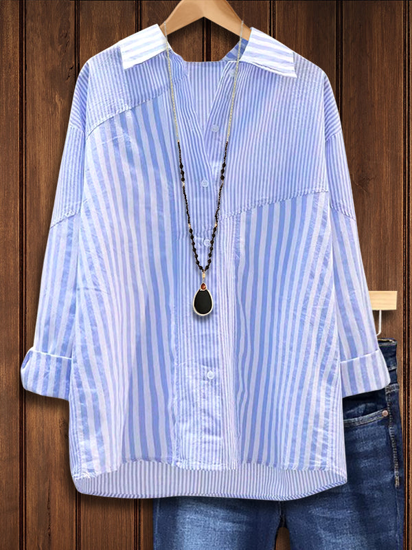 Blue Striped Patchwork Loose Blouse