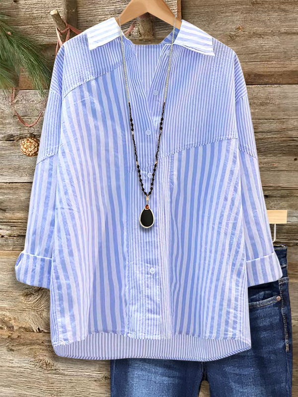 Blue Striped Patchwork Loose Blouse