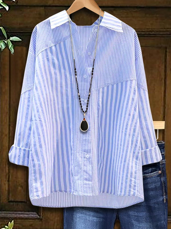 Blue Striped Patchwork Loose Blouse