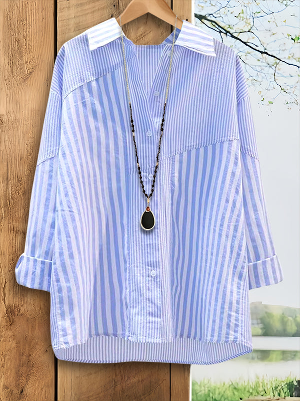 Blue Striped Patchwork Loose Blouse