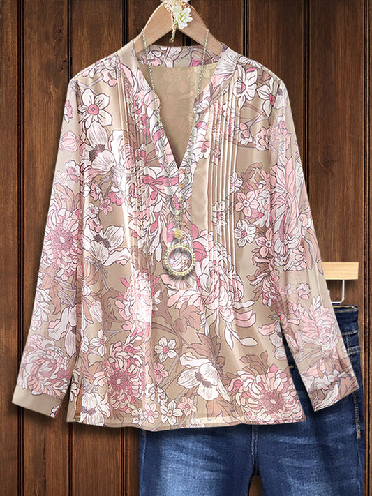 Romantic Floral Print Pleated Blouse