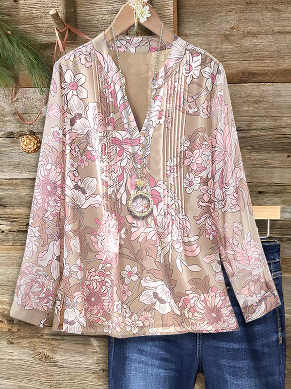 Romantic Floral Print Pleated Blouse