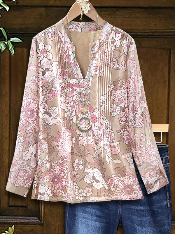 Romantic Floral Print Pleated Blouse