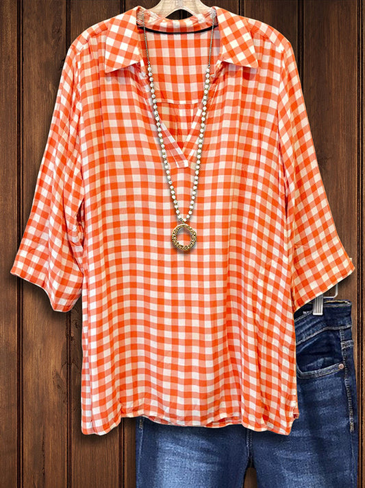 Orange Plaid Loose Blouse