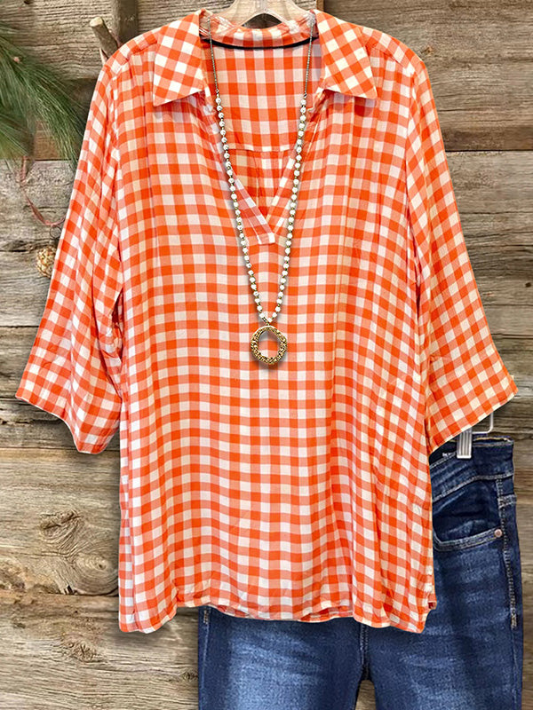 Orange Plaid Loose Blouse