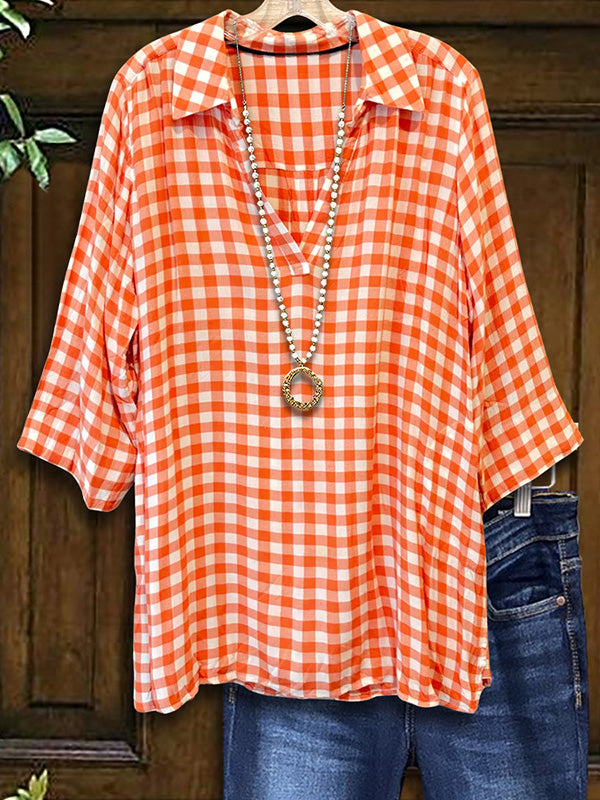 Orange Plaid Loose Blouse