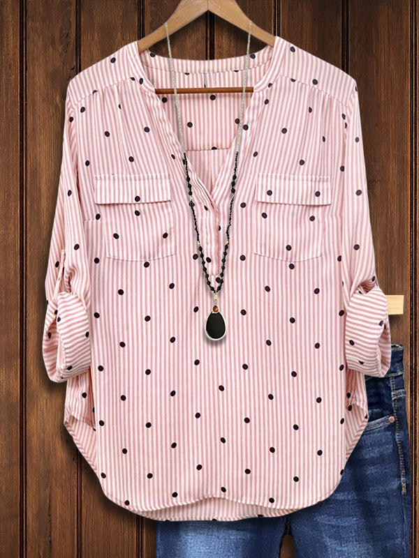 Polka Dot Striped Patch Pocket Blouse