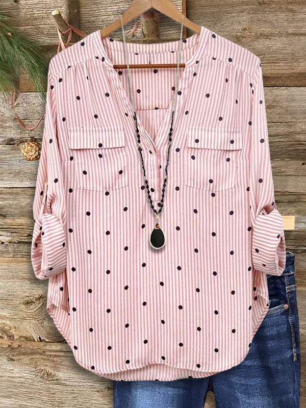 Polka Dot Striped Patch Pocket Blouse