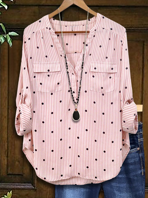 Polka Dot Striped Patch Pocket Blouse