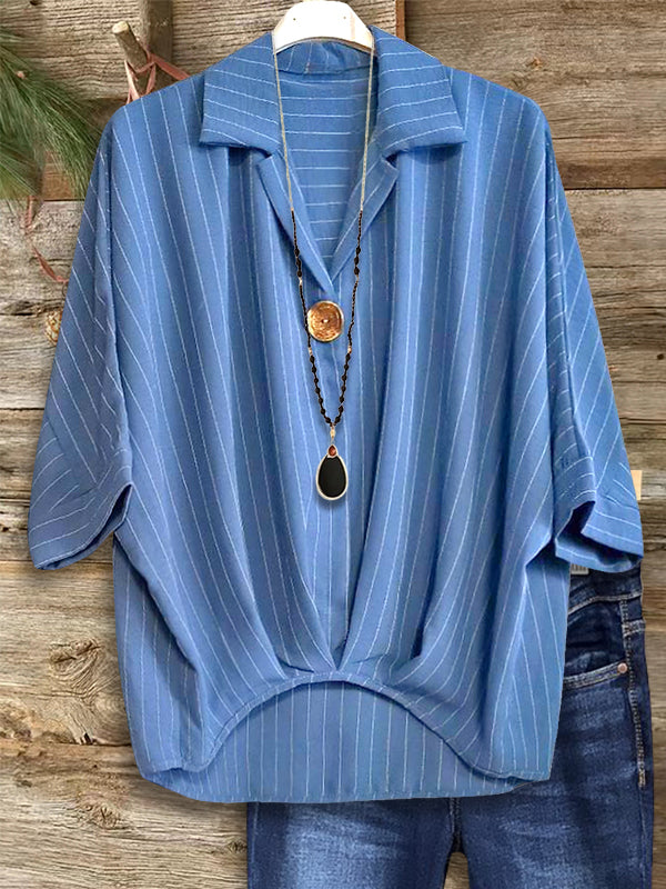 Striped Lapel Pleated Casual Blouse