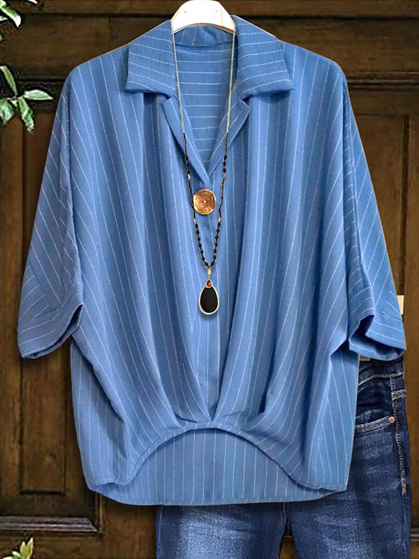 Striped Lapel Pleated Casual Blouse