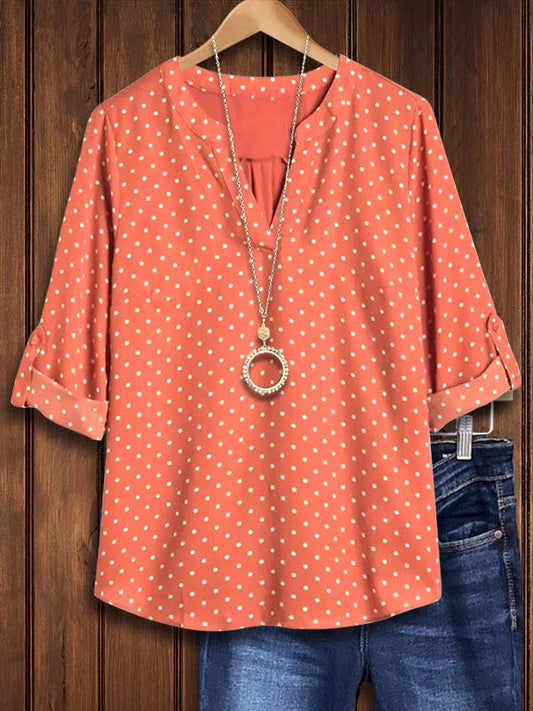 Split Collar Polka Dot Print Blouse