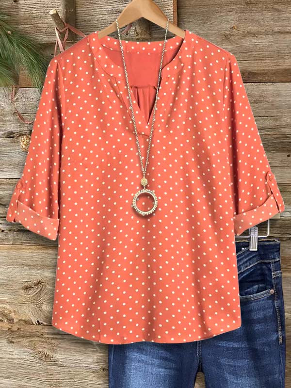 Split Collar Polka Dot Print Blouse