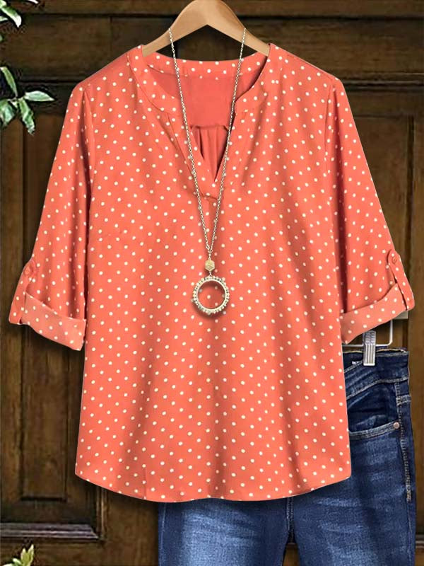 Split Collar Polka Dot Print Blouse