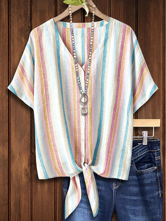 Colorful Striped Print Knotted Blouse