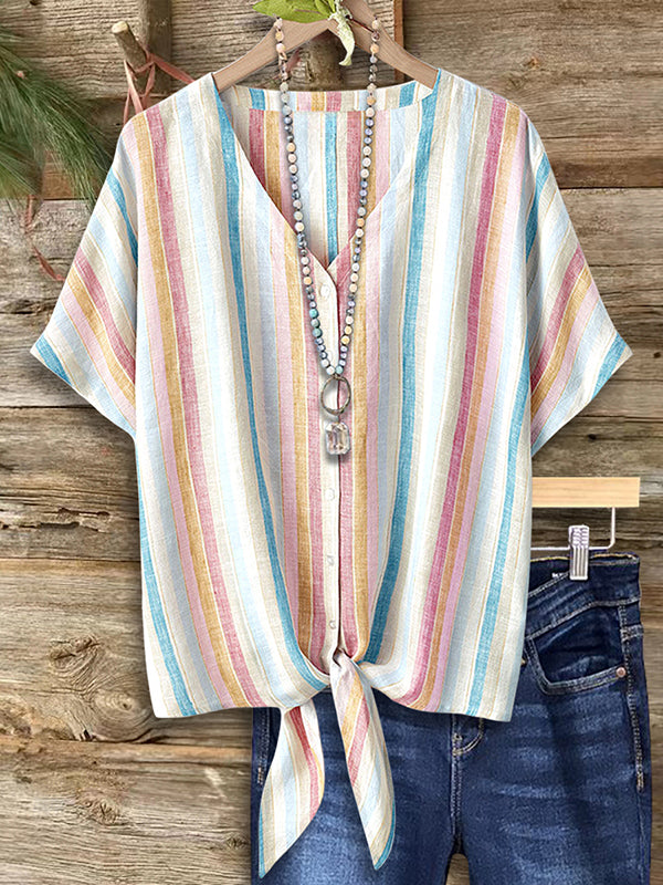 Colorful Striped Print Knotted Blouse