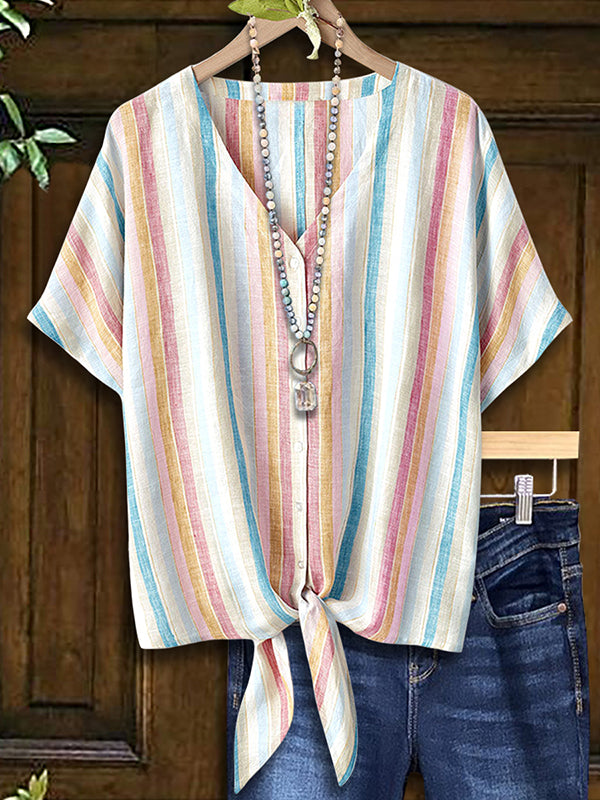 Colorful Striped Print Knotted Blouse