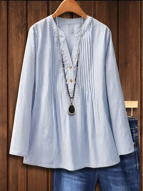 Striped Button Pleated Loose Blouse