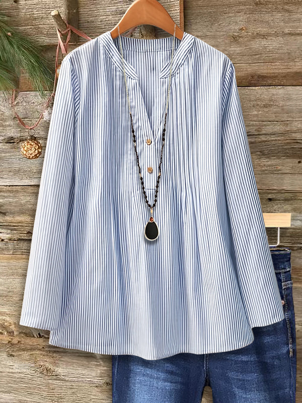 Striped Button Pleated Loose Blouse