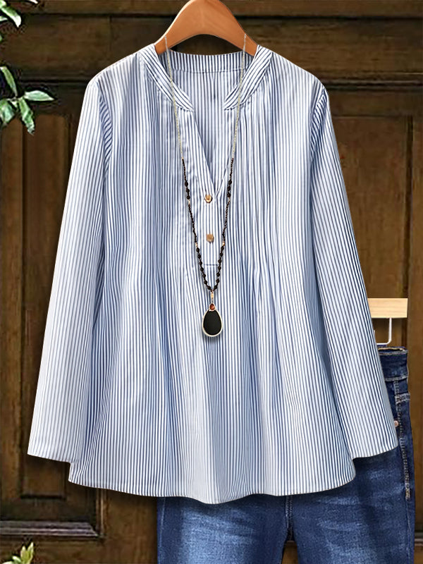 Striped Button Pleated Loose Blouse