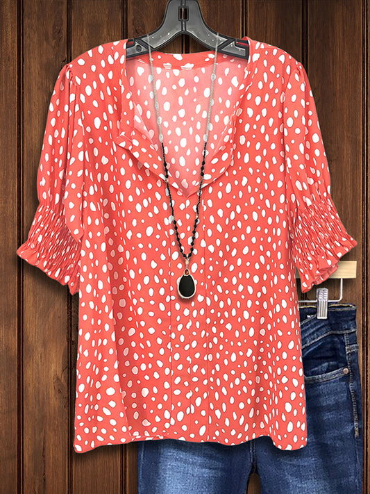 Dotted Print Gathered Blouse