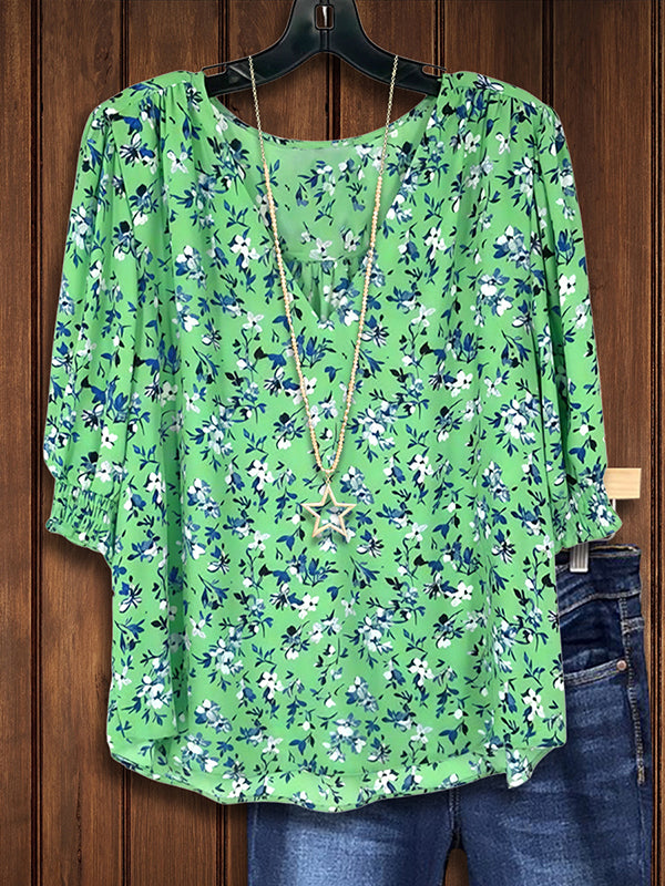 V Neck Floral Print Gathered Blouse