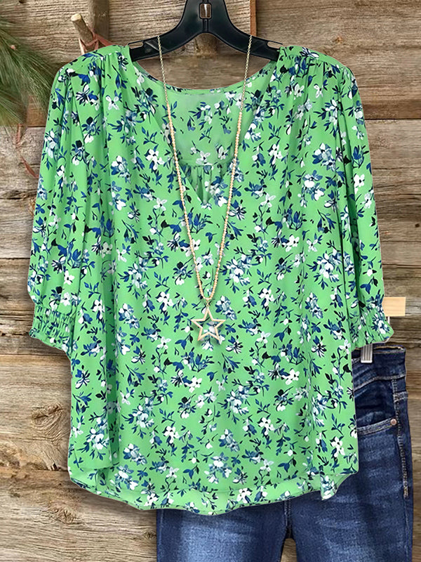 V Neck Floral Print Gathered Blouse