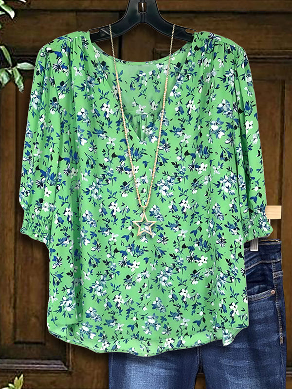 V Neck Floral Print Gathered Blouse