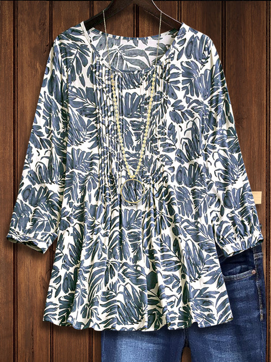 Art Leaf Print Pleated Blouse