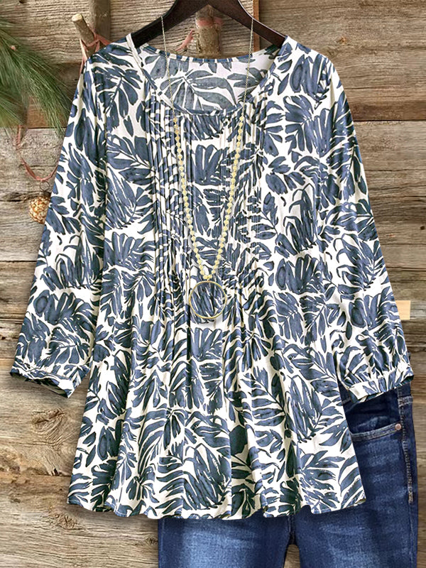 Art Leaf Print Pleated Blouse