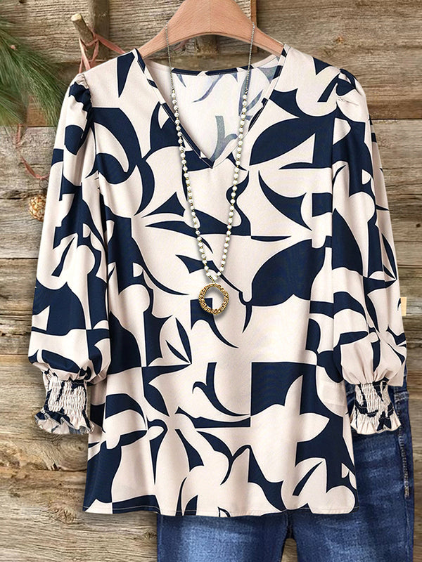 Geometric Print Gathered Loose Blouse