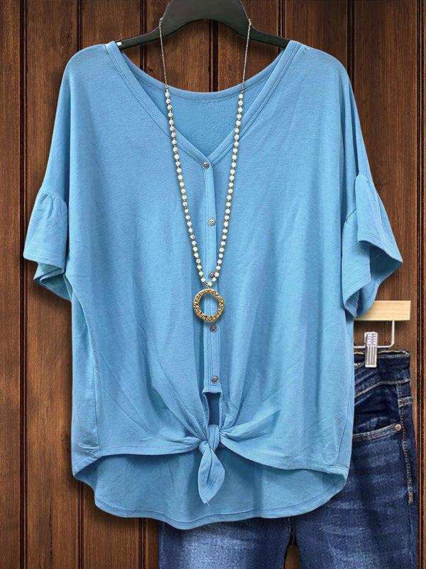 Short Sleeve Button-Up Knotted Blouse