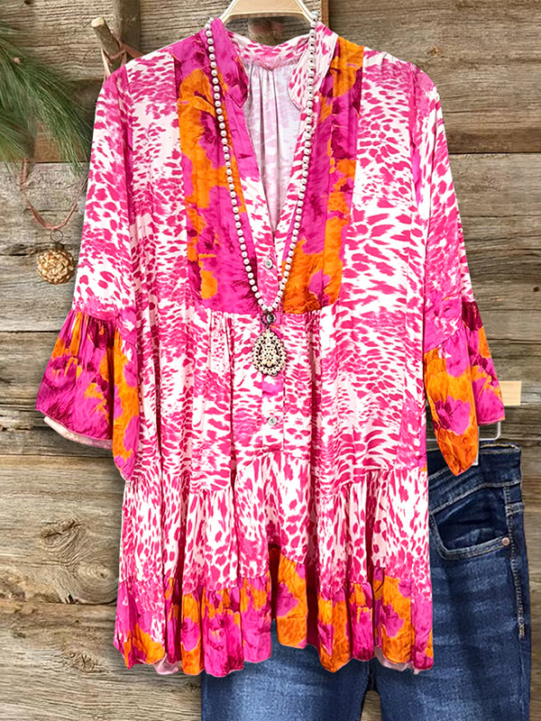 Abstract Print Ruffle Sleeve Tunic Top