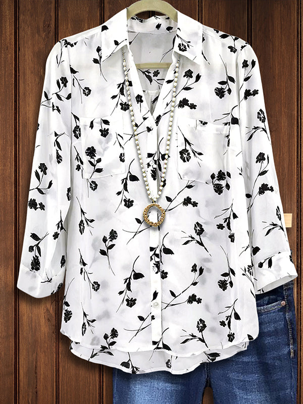 Black & White Floral Patch Pocket Blouse