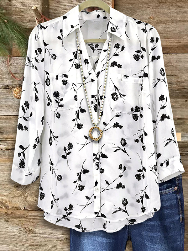 Black & White Floral Patch Pocket Blouse