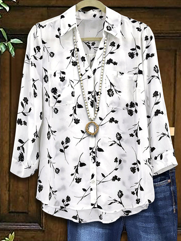 Black & White Floral Patch Pocket Blouse