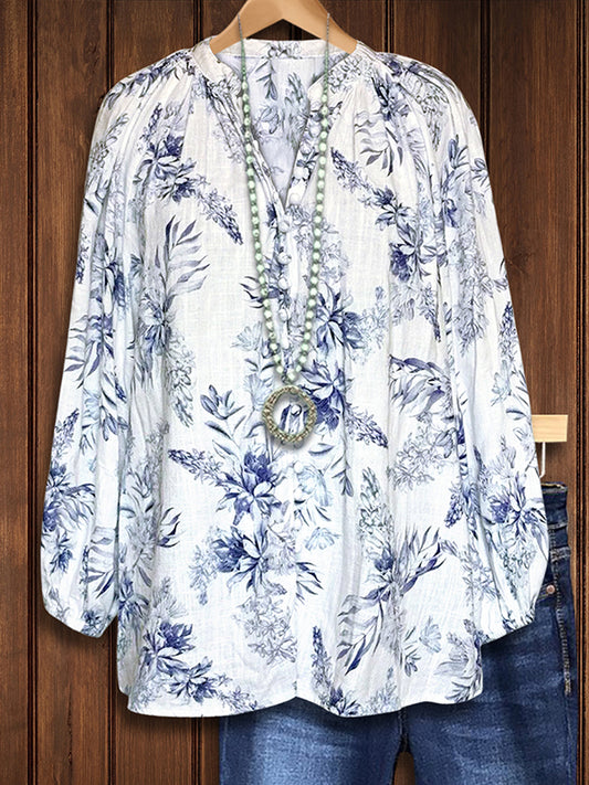 Blue And White Porcelain Print Blouse