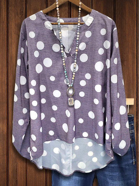 Split Collar Polka Dot Print Blouse