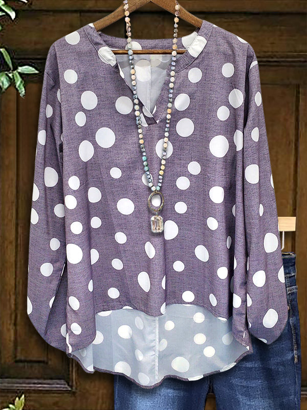 Split Collar Polka Dot Print Blouse