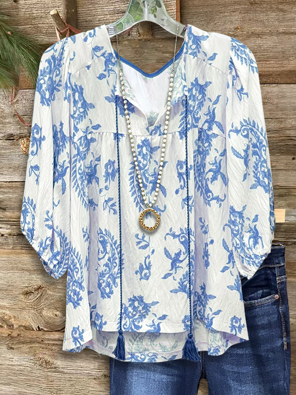 Paisley Print Puff Sleeve Blouse